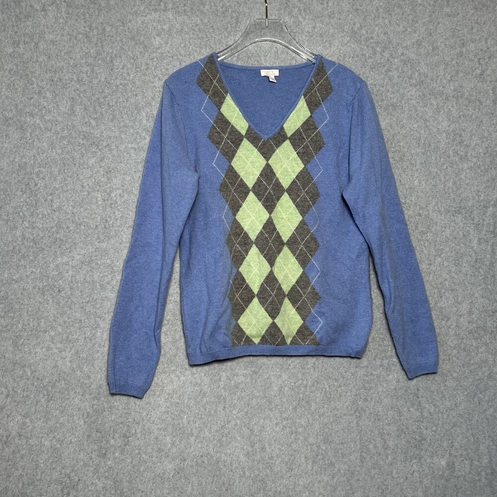 Apt 9 Women’s Large 100% Cashmere Sweater Blue Green Argyle V Neck Preppy L